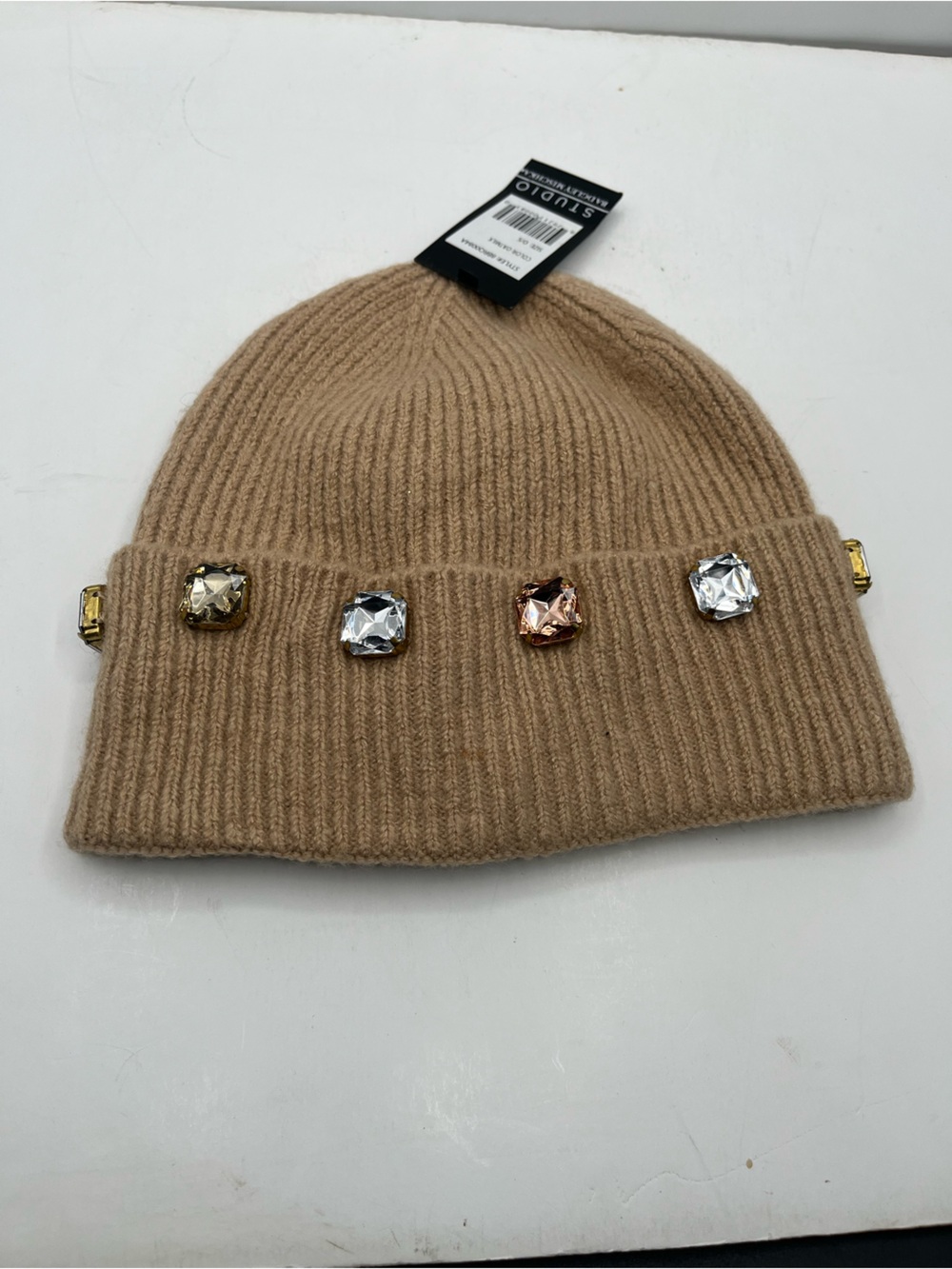 Tan Badgley Mischka Embellished Rib Knit Beanie